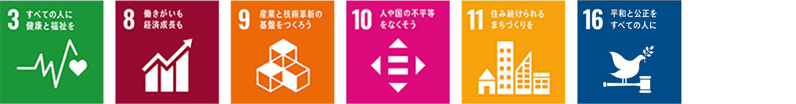 目標 3 すべての人に健康と福祉を 目標 8 働きがいも経済成長も 目標 9 産業と技術革新の基盤を作ろう 目標 10 人や国の不平等をなくそう 目標 11 住み続けられるまちづくりを 目標 15 陸の豊かさも守ろう 目標 16 平和と公正をすべての人に